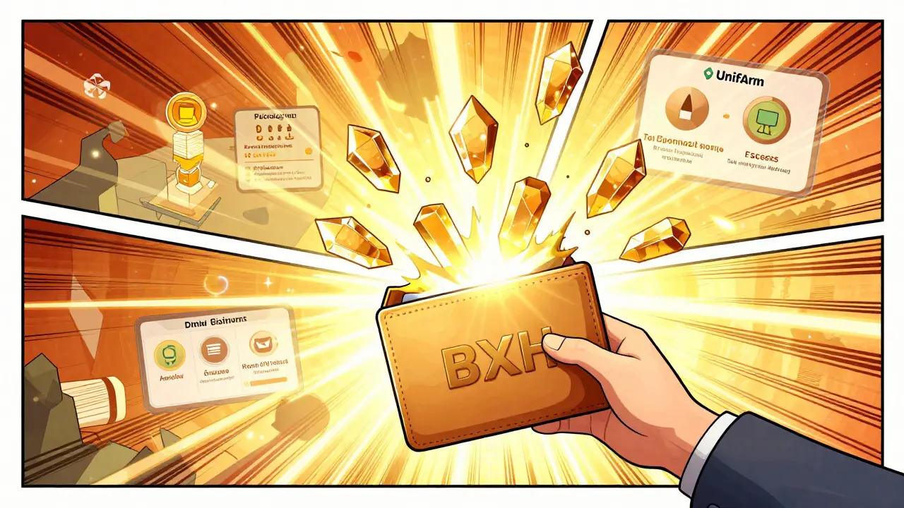 User receiving glowing BXH tokens in a celebratory comic book illustration