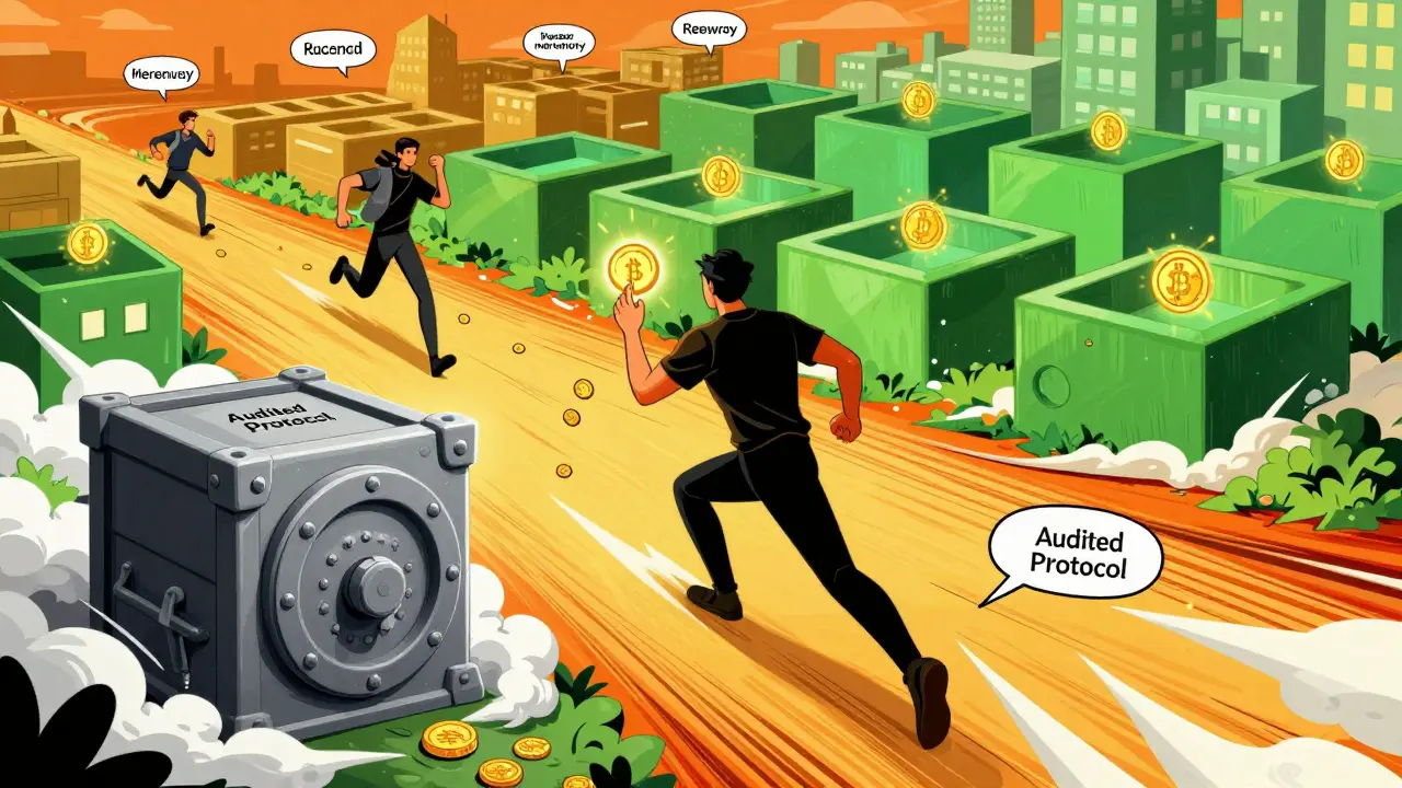 A trader chasing rewards across blockchains in a graphic novel scene