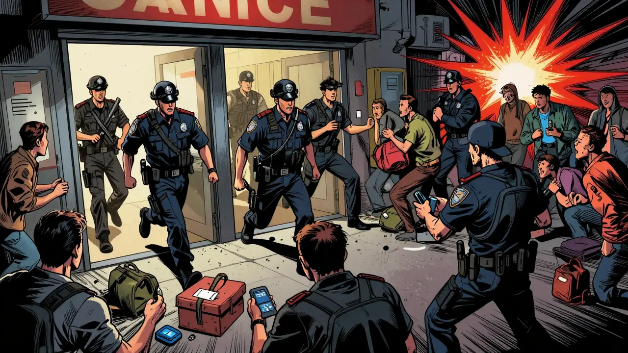Authorities raiding a shop during a crypto crackdown