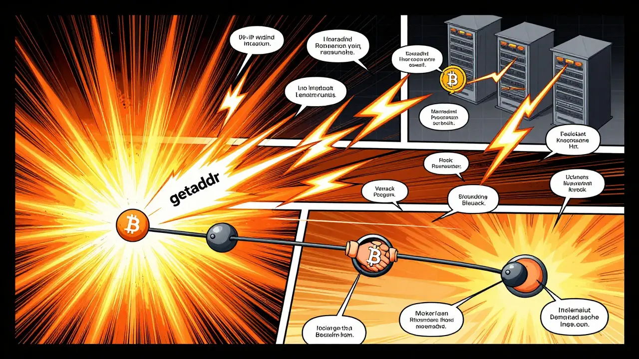 Bitcoin nodes connecting via cascading getaddr signals