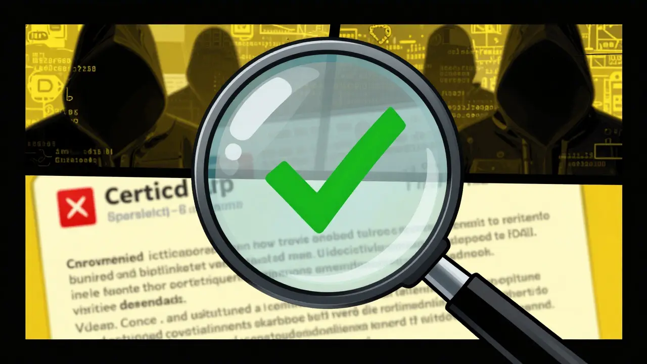 Close-up comic panel showing verification of crypto contract addresses against scams