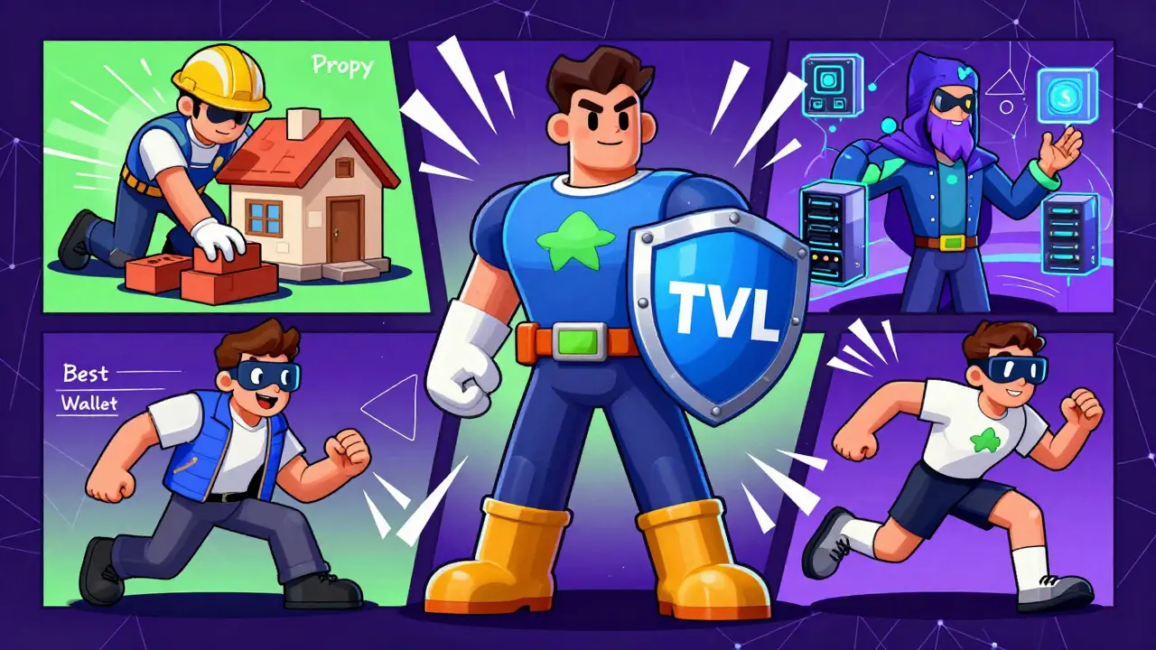 Comic book heroes representing top utility tokens like Aave, Propy, and io.net in action