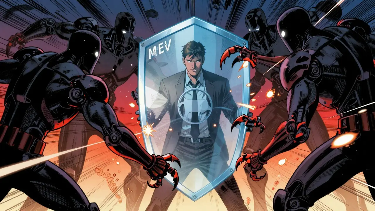 Comic book scene of trader protected from MEV bots by shield