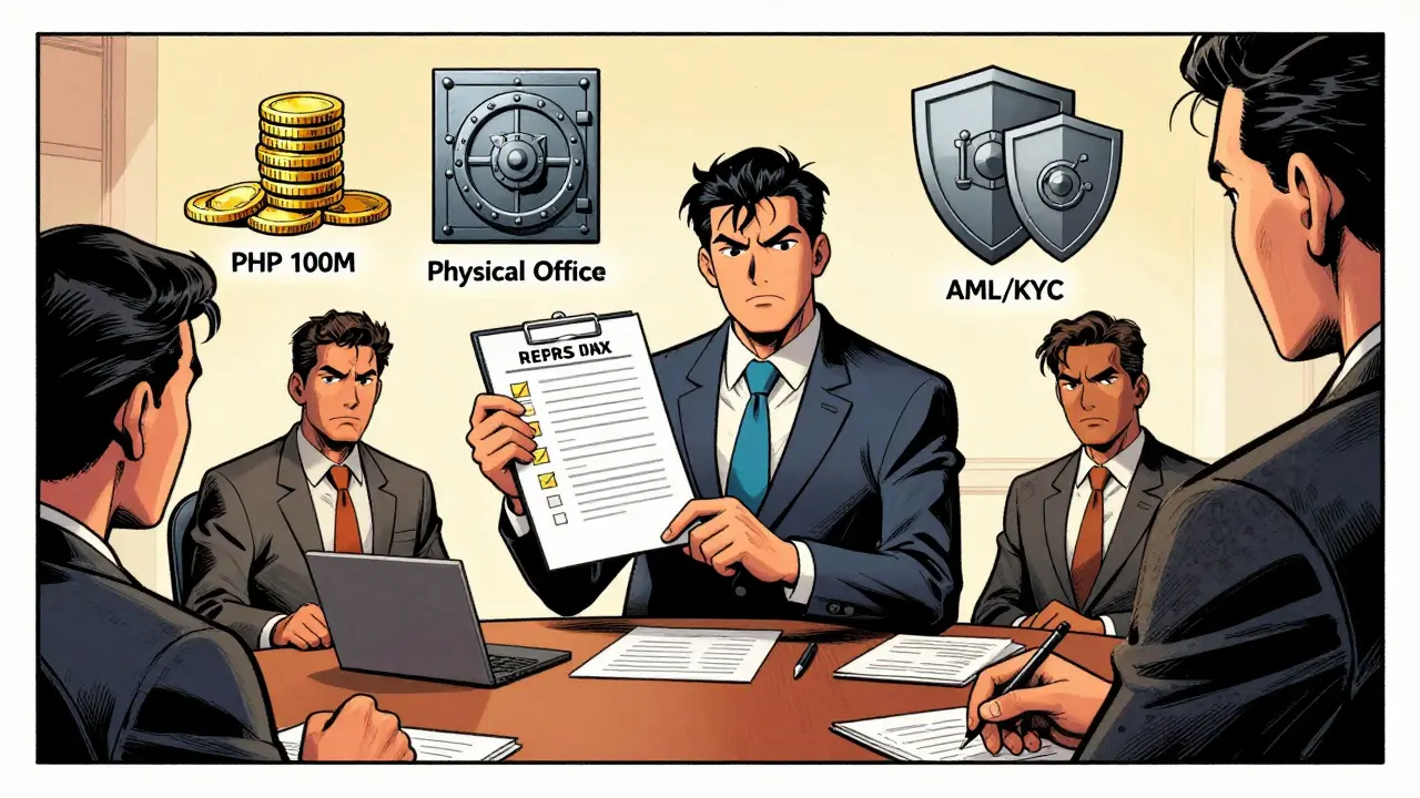 Comic book style meeting showing PHP 100M capital and compliance checklists