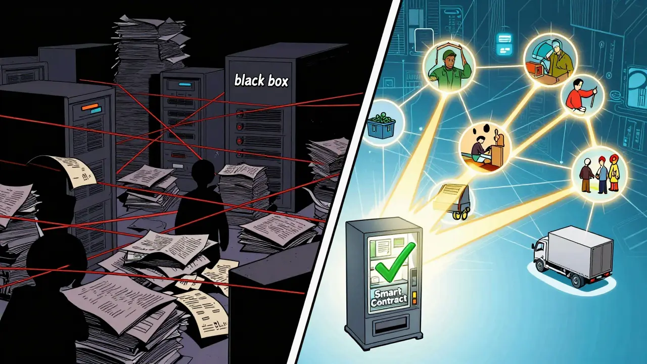 Comic contrast of chaotic paper trails versus transparent blockchain network