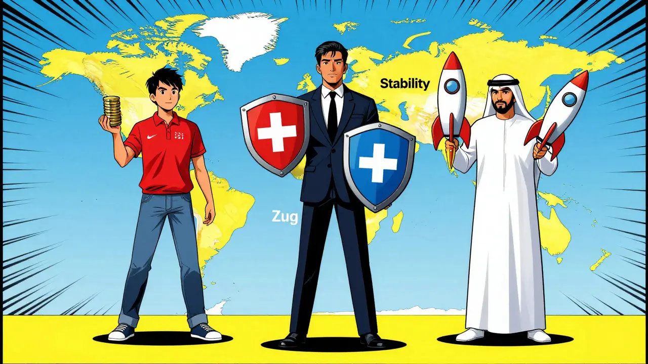 Comic illustration comparing crypto hubs Zug, Singapore, and Dubai