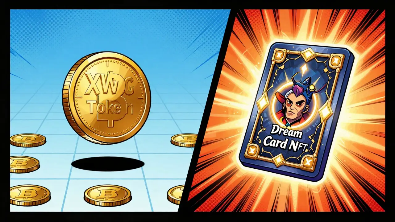 Comparison of fungible tokens versus unique NFT cards in comic art
