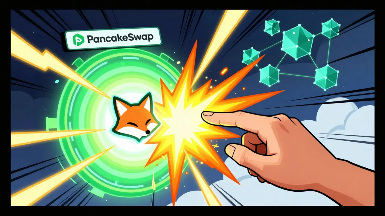 Dynamic comic art of connecting MetaMask to PancakeSwap and SushiSwap portals