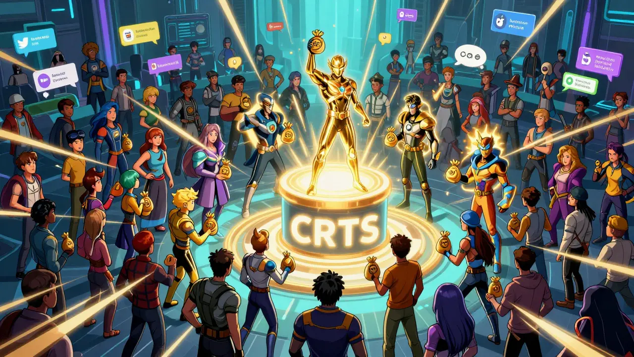 Golden avatars receive CRTS tokens from a glowing community pedestal