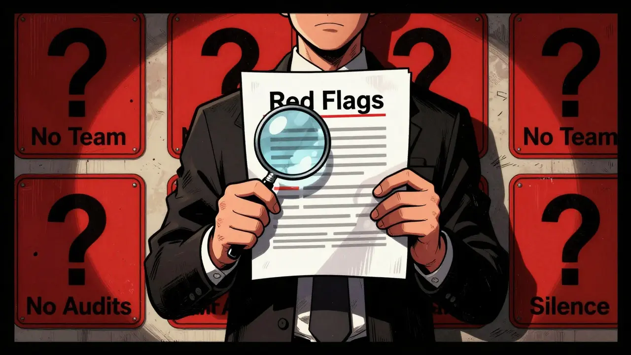 Graphic novel scene showing red flags and missing info about the crypto platform.