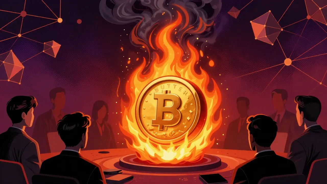 Graphic novel style image of a token burning in flames to reduce supply