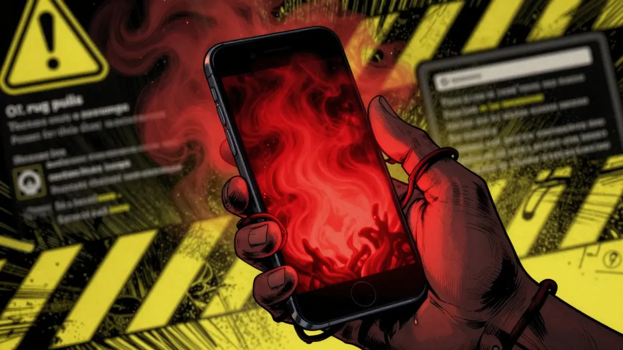 Hand trapped by red fog from phone representing crypto scams