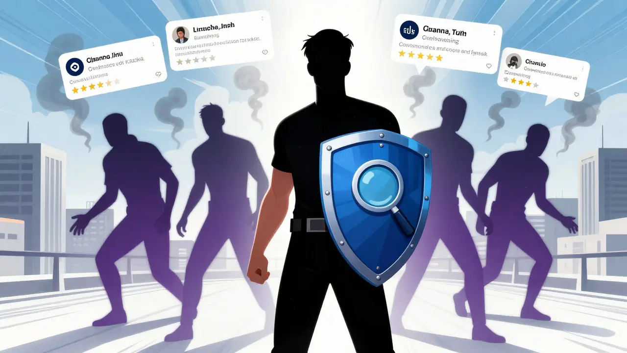 Heroic figure with shield protecting against fading scam shadows