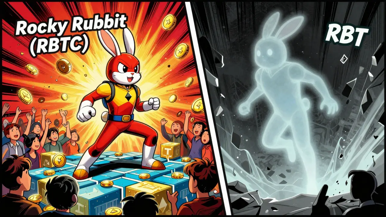 Heroic Rocky Rabbit token vs ghostly fake RBT token in comic style
