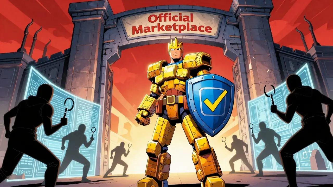 Heroic user safely navigating official marketplace against scammers