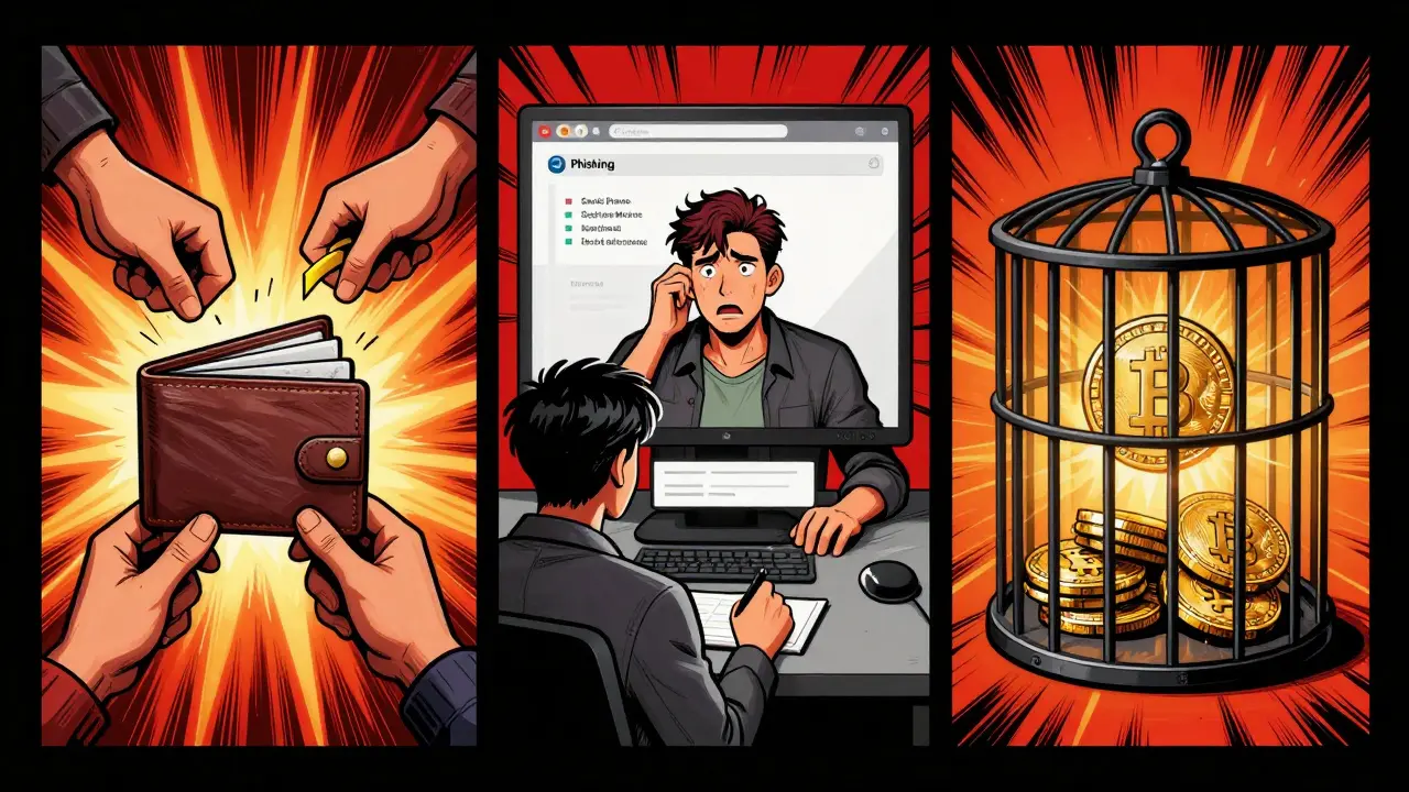 Illustration depicting rug pull, phishing, and liquidity trap risks in comic style.