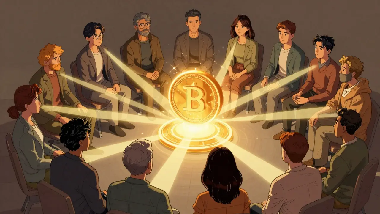 Illustration of DAO governance with users voting around token