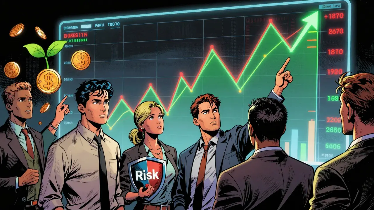 Investors analyzing volatile holographic charts with risk and reward symbols