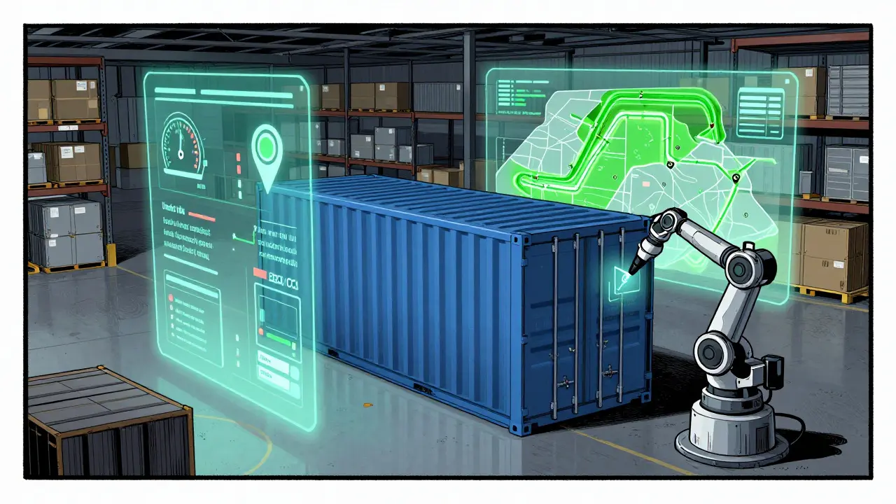 IoT sensors and AI optimizing logistics in a stylized warehouse setting