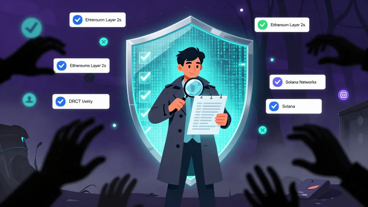 Shield blocking scam hands while user verifies safe blockchain projects