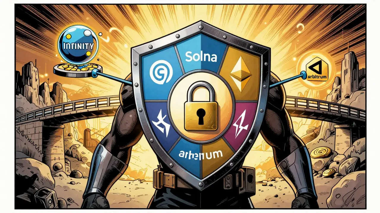 Shield protecting crypto assets across multiple blockchains like Solana and Ethereum