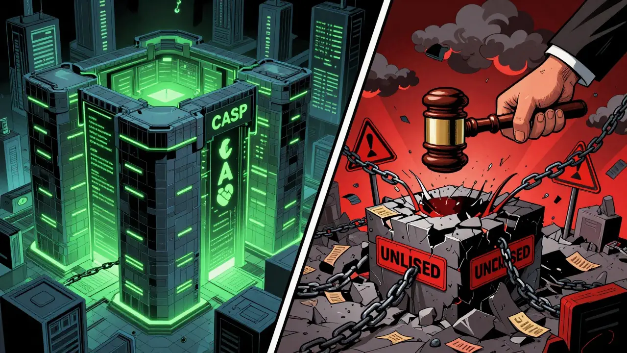 Split panel comic contrasting secure licensed crypto hub with penalized unlicensed site