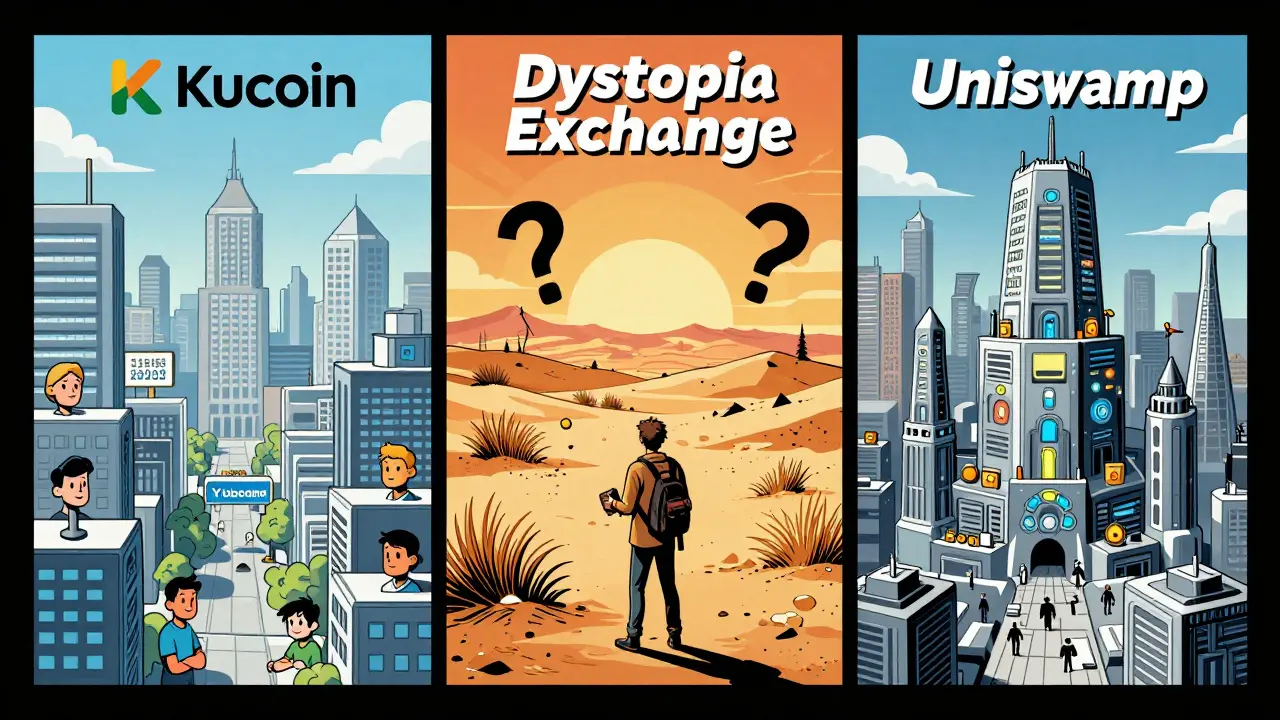 Split panel comparison of safe vs risky crypto exchanges in graphic novel art
