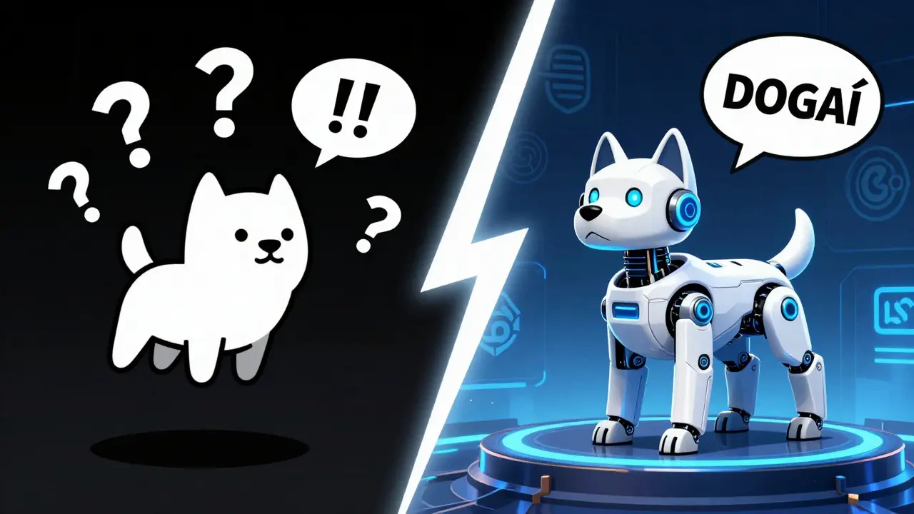 Split panel contrasting anonymous meme dog with sleek gaming token