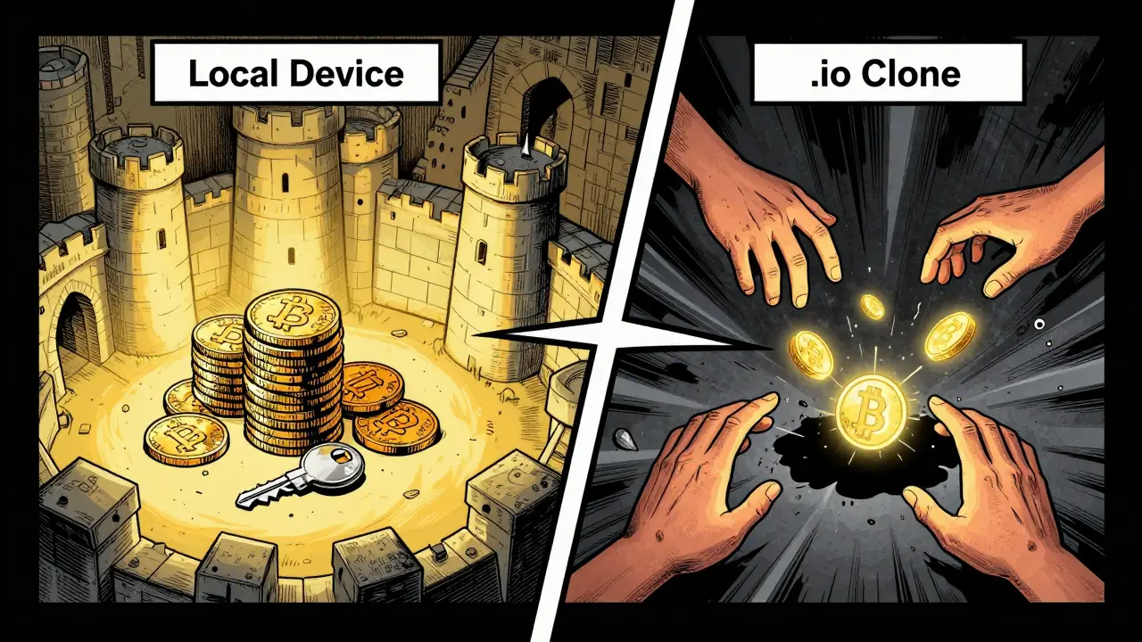 Split panel showing secure local storage vs dangerous cloud scam