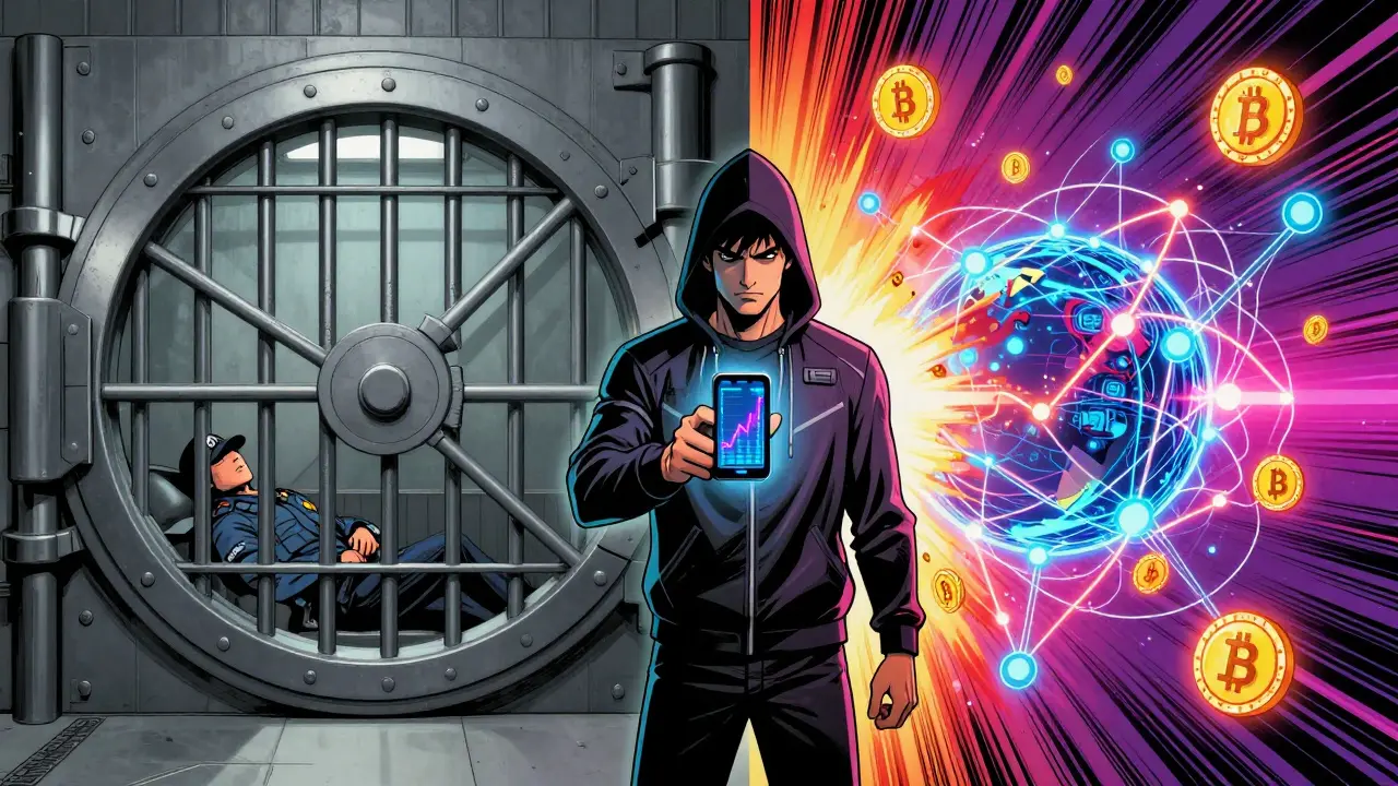 Split scene contrasting traditional bank vault with 24/7 crypto network
