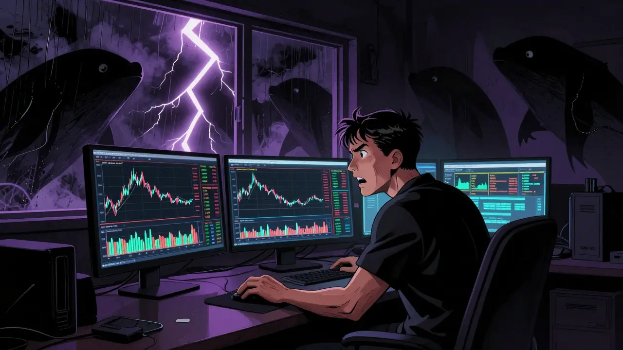 Trader facing crashing charts and storm outside window
