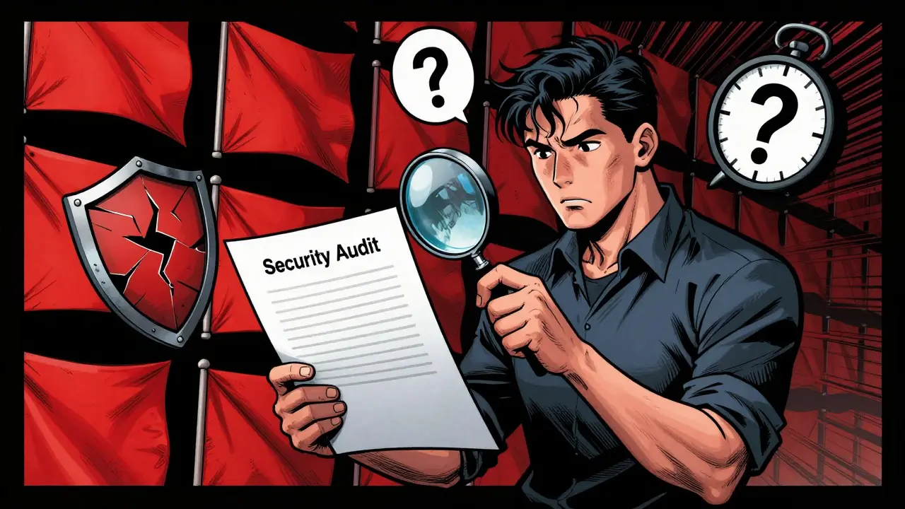 User inspecting blank security audit surrounded by red flag symbols in comic style