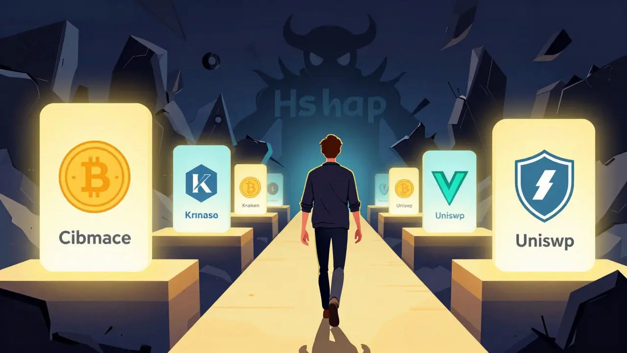 User walking toward bright, safe crypto platforms leaving dark ruins behind