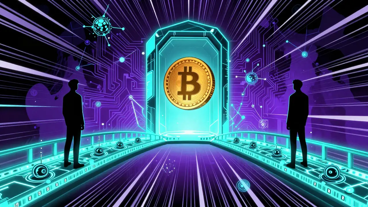 Abstract comic art of a secure P2P Bitcoin trade via Tor