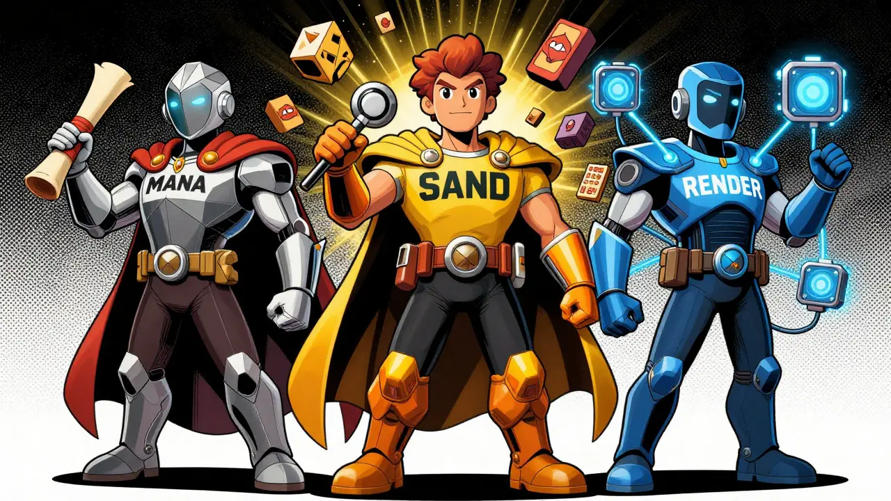 Anthropomorphic characters representing MANA, SAND, and RENDER tokens
