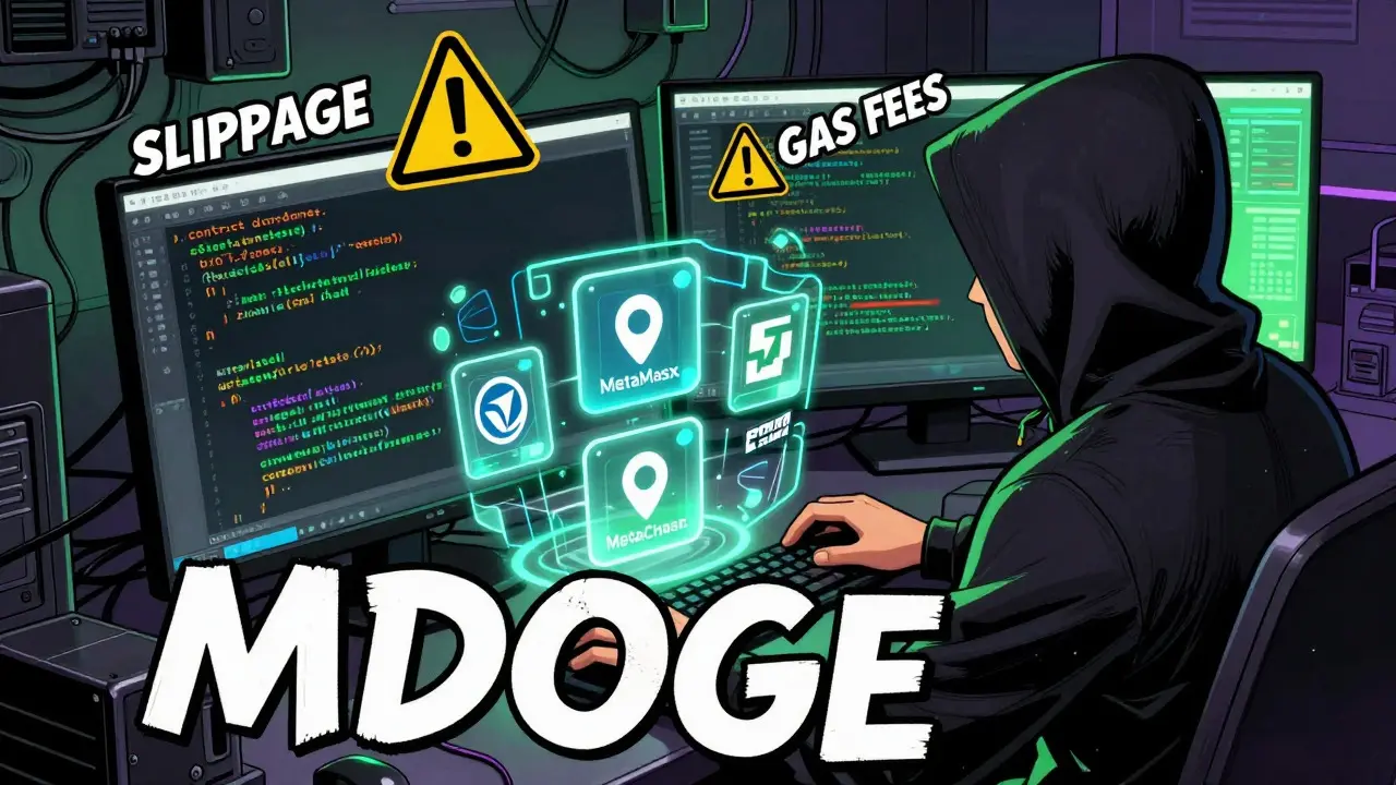 Character analyzing MDOGE contract address on a computer with floating holographic crypto icons and warning signs, technical deep dive scene, graphic novel style.