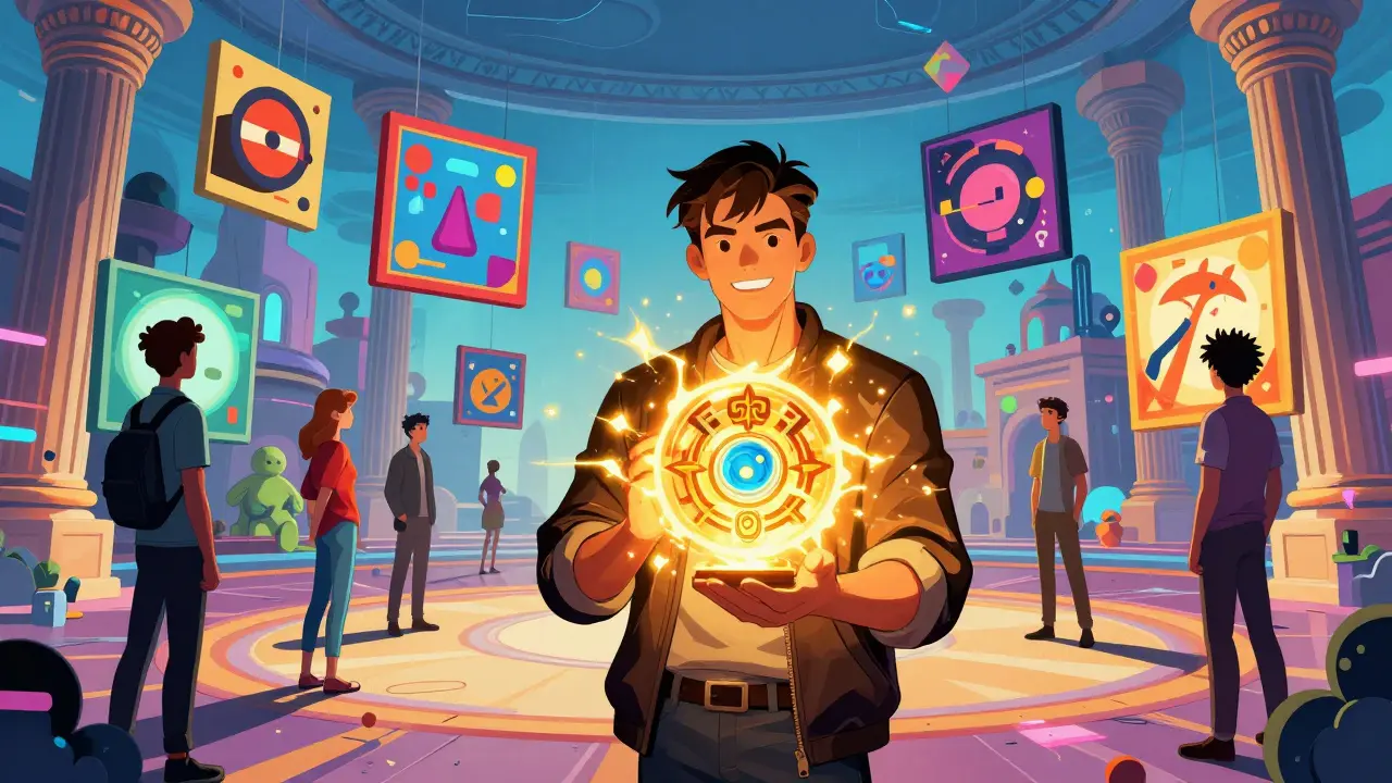 Collector holding a glowing NFT artifact in a virtual gallery