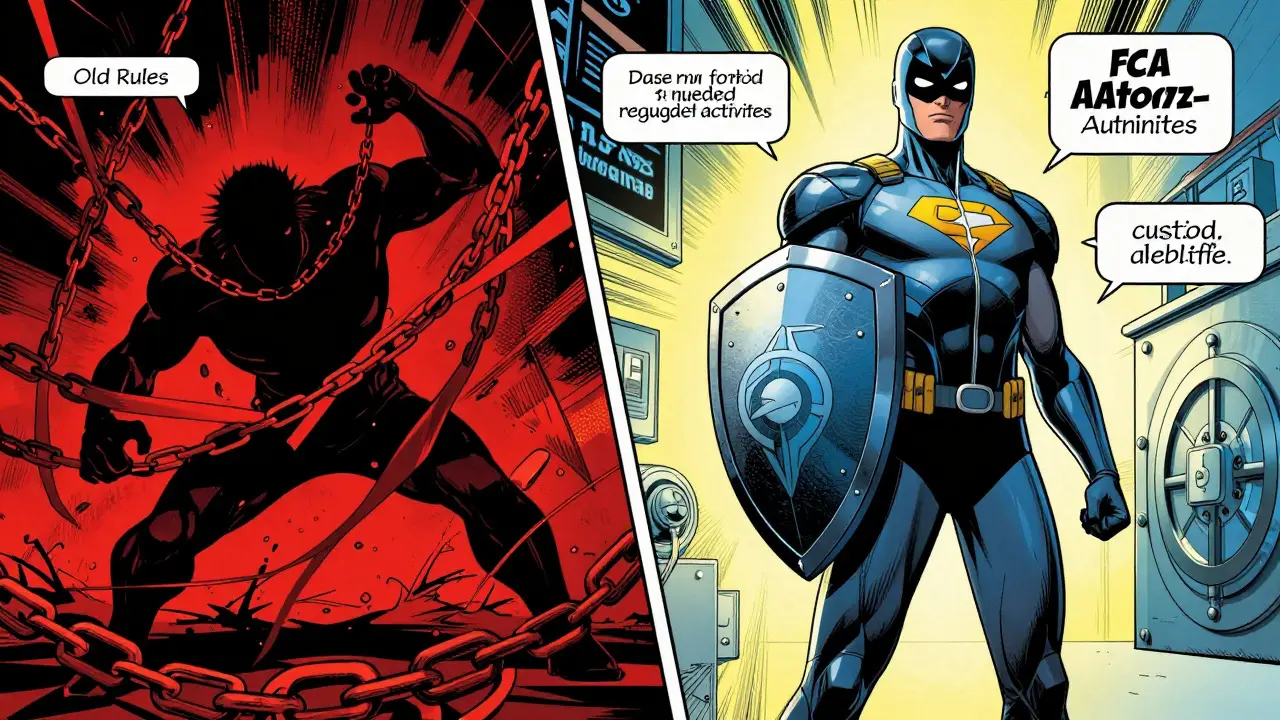 Comic book art contrasting chaotic old regulations with structured FCA authorization for crypto firms.