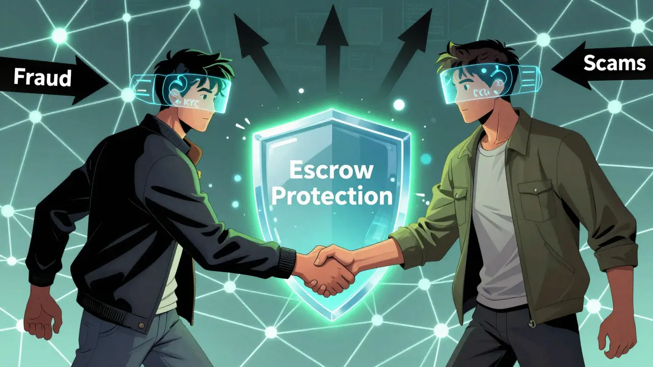 Comic book illustration of secure P2P crypto trade protected by escrow shield against fraud