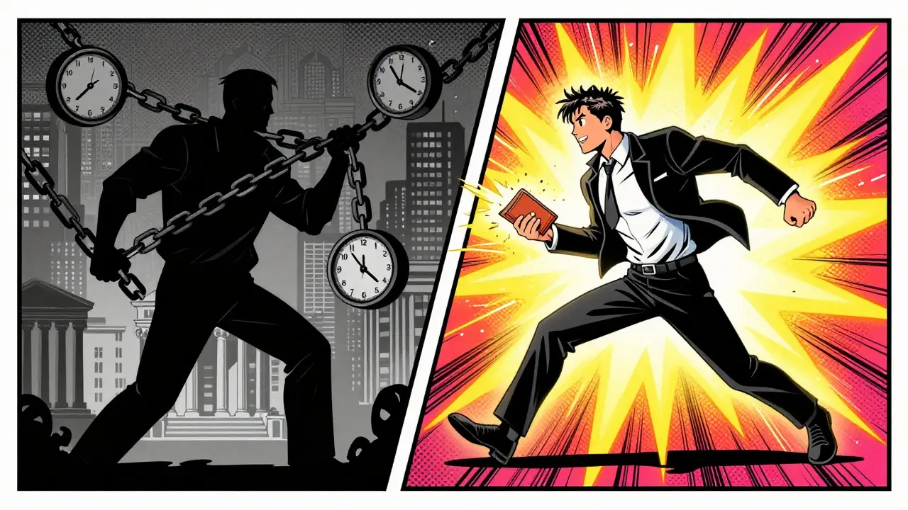 Comic hero breaking free from traditional banking chains and fees