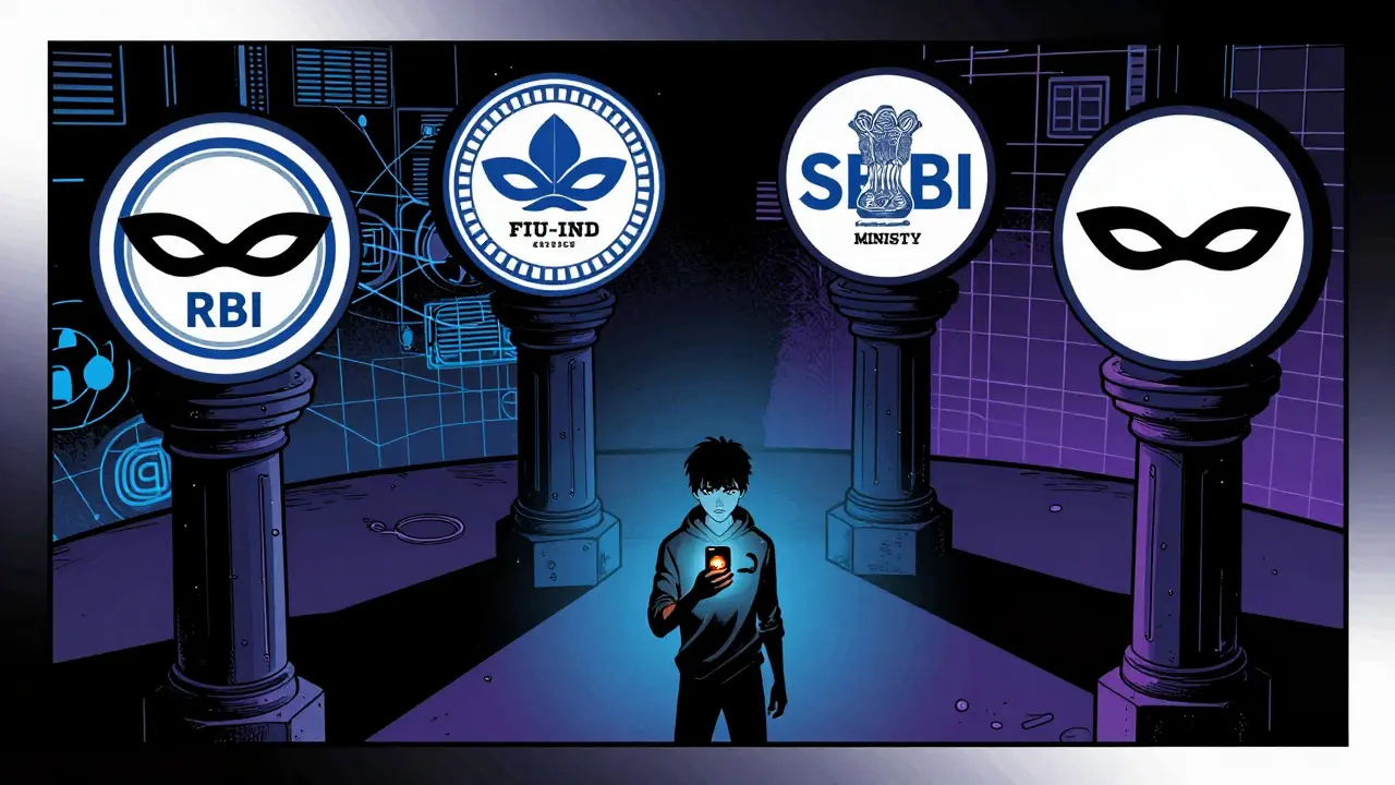 Comic illustration of Indian agencies regulating crypto users