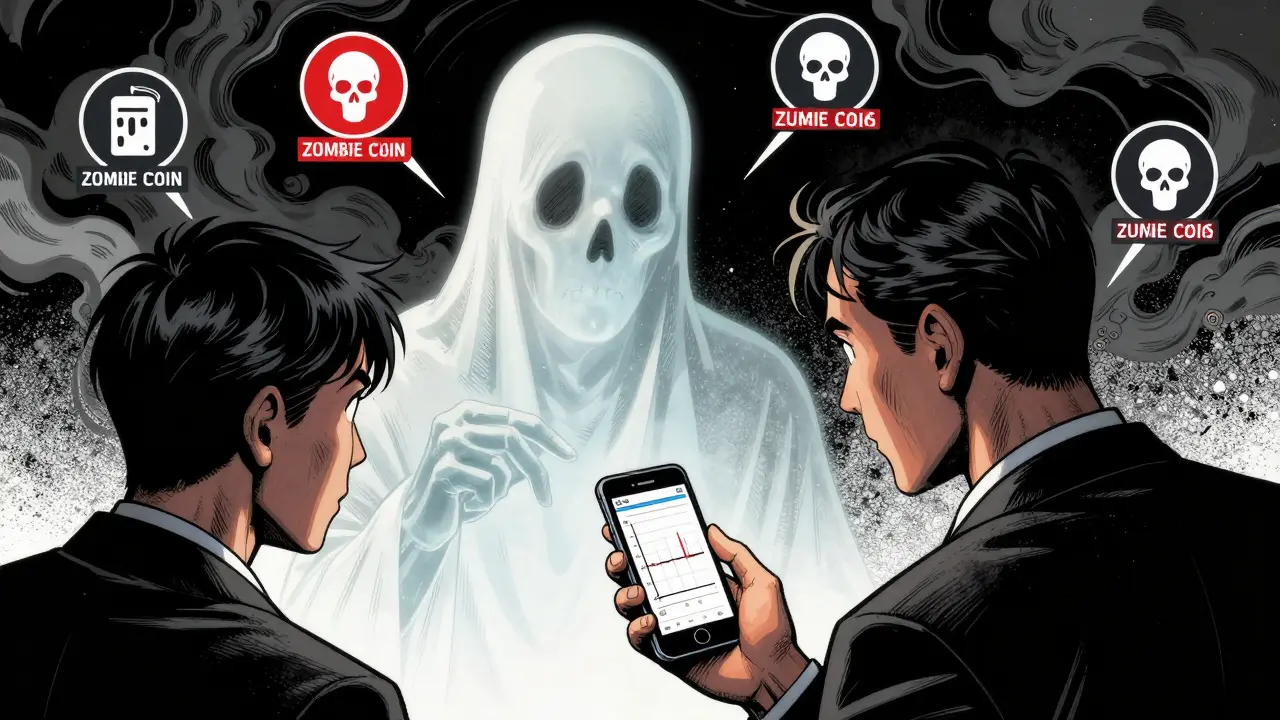 Comic illustration of investor facing zombie coin risks and losses