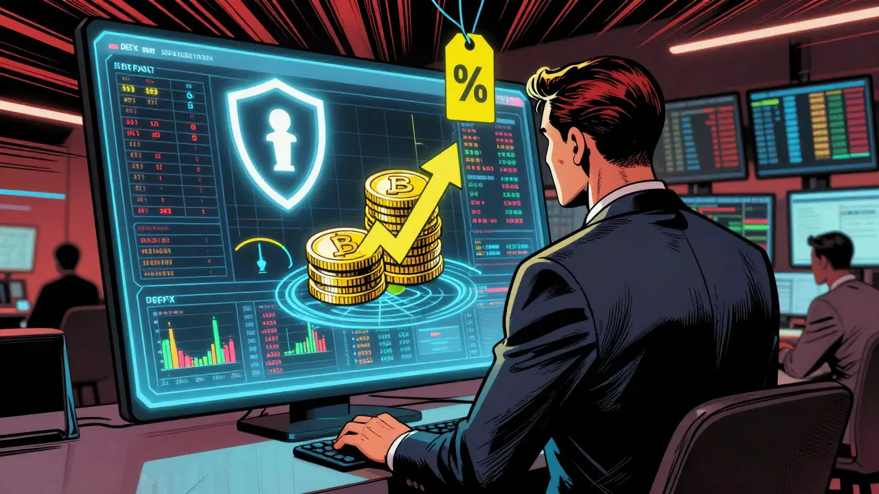 Comic style illustration of a trader analyzing DEFX token utilities like staking and fee discounts on a screen.