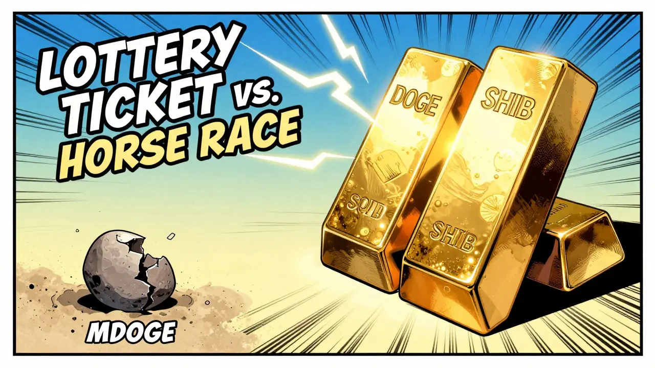Comparison panel showing a tiny pebble labeled MDOGE next to giant gold bars labeled DOGE and SHIB, highlighting market cap differences, comic book art.