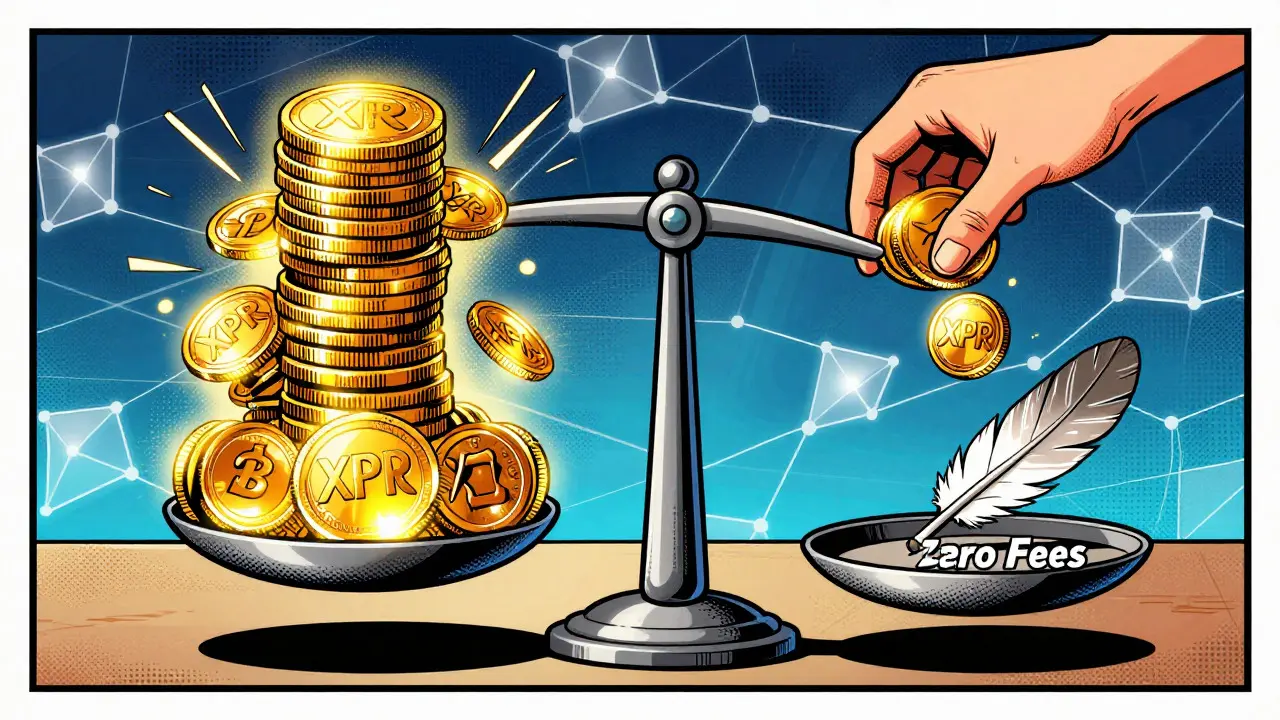 Conceptual art of XPR staking weighing down a scale against zero fees