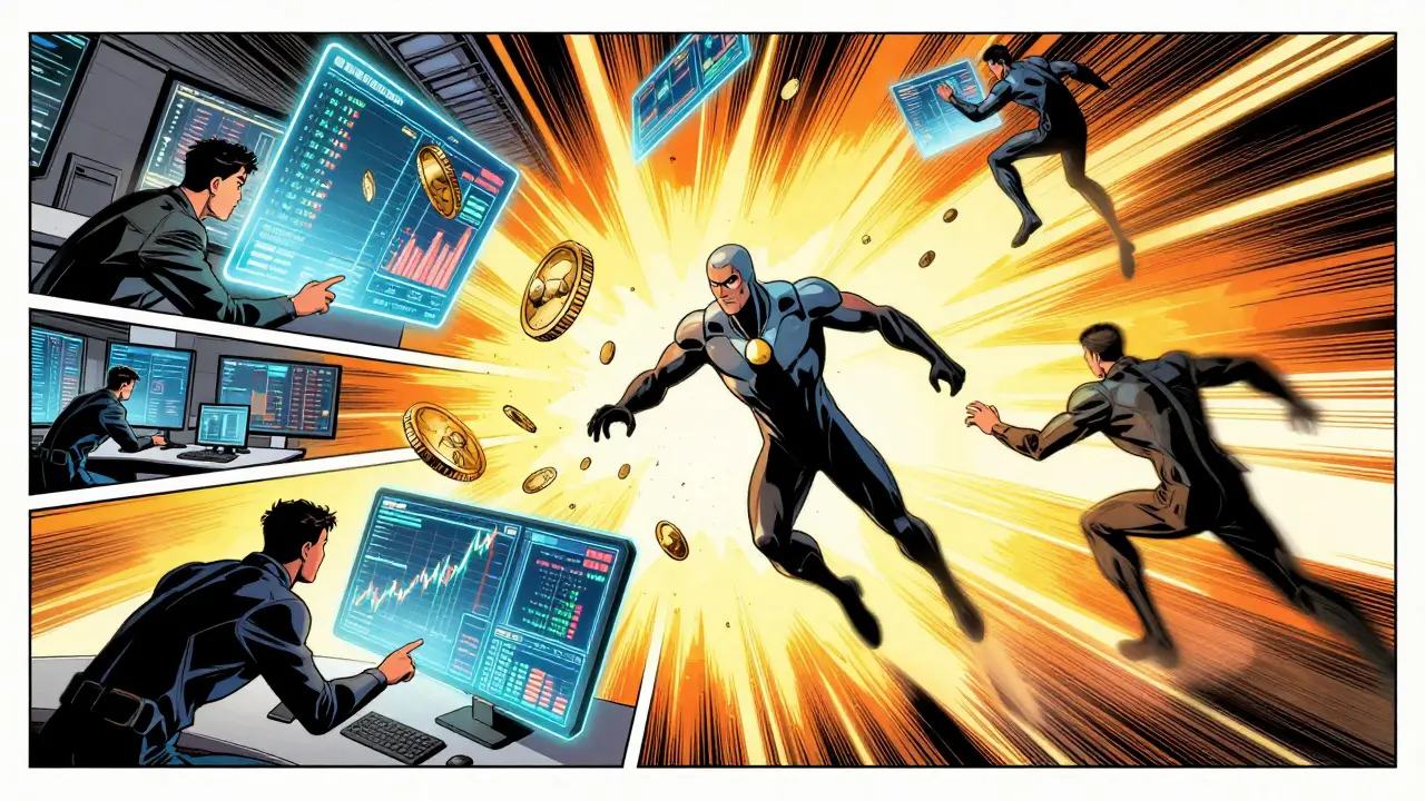Cyberpunk traders catching solidifying coins, high-speed action