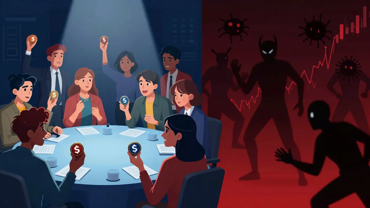 DAO voters facing shadowy risks in a comic book style scene