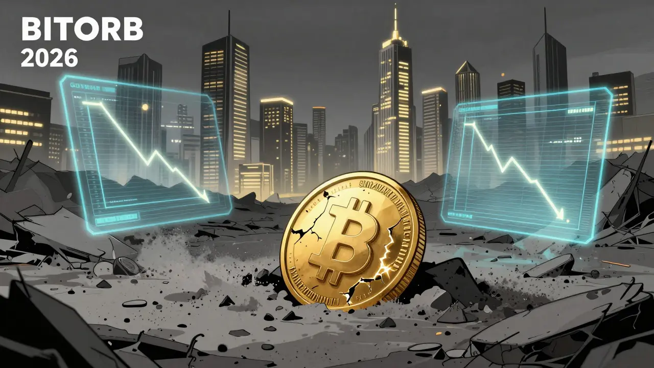 Desolate comic scene showing cracked BITORB token amid digital ruins