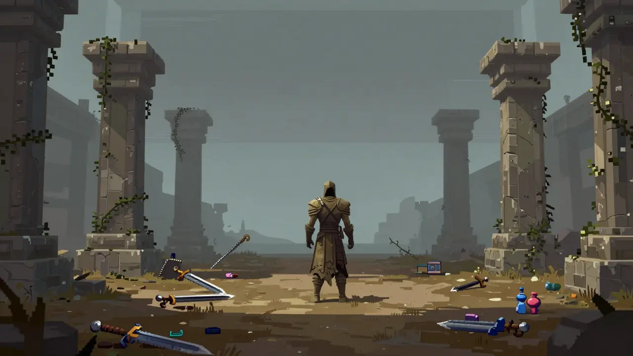 Desolate, overgrown digital arena representing the abandoned game