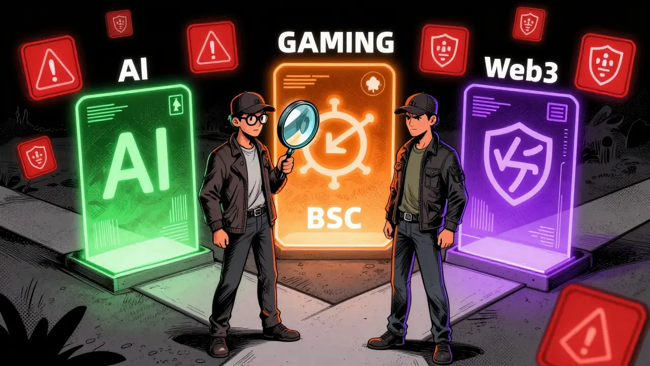 Detective inspecting three blockchain portals cautiously